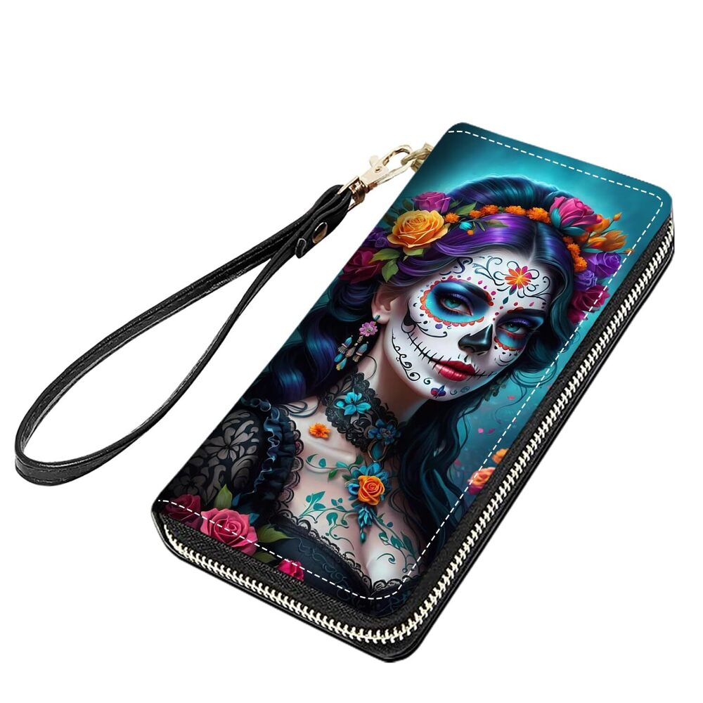 1765 Sugar Skull Girl Print Large Capacity PU Leather Zip Around Wallet